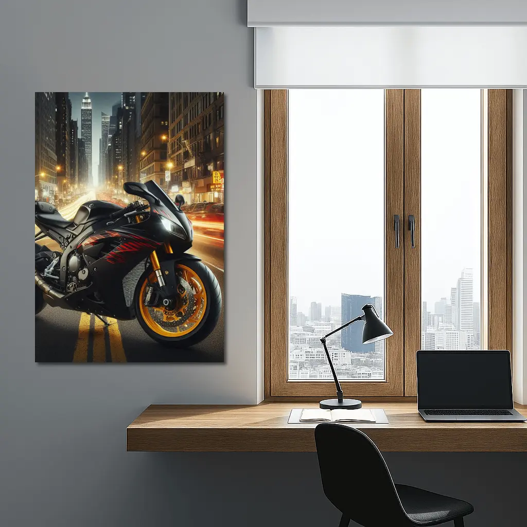 Black Sport Bike City Night Street – Wall Art