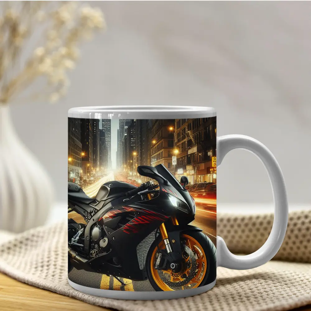 Black Sport Bike City Night Street – Mugs