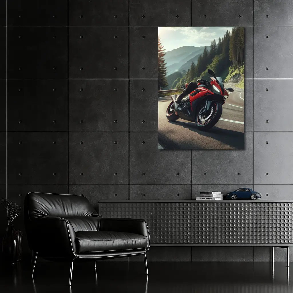 Red Sport Bike on Mountain Road – Wall Art