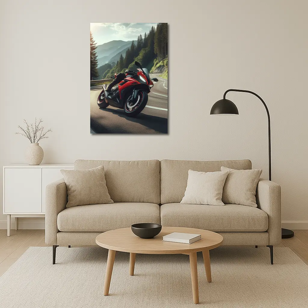 Red Sport Bike on Mountain Road – Wall Art