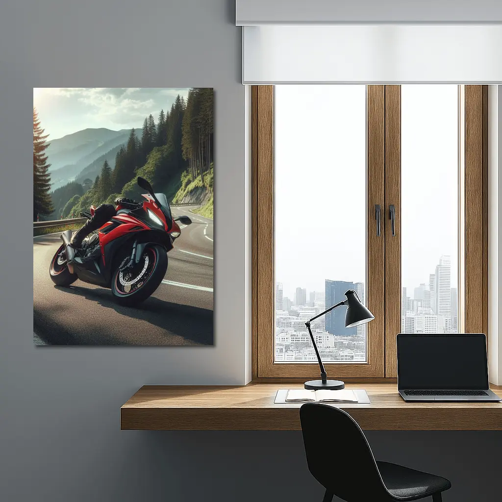 Red Sport Bike on Mountain Road – Wall Art