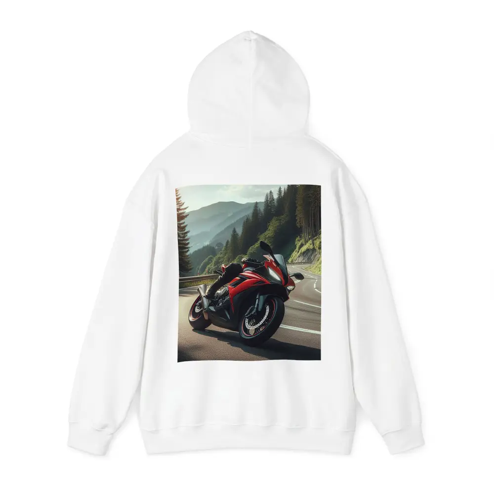 Red Sport Bike on Mountain Road – Hoodies