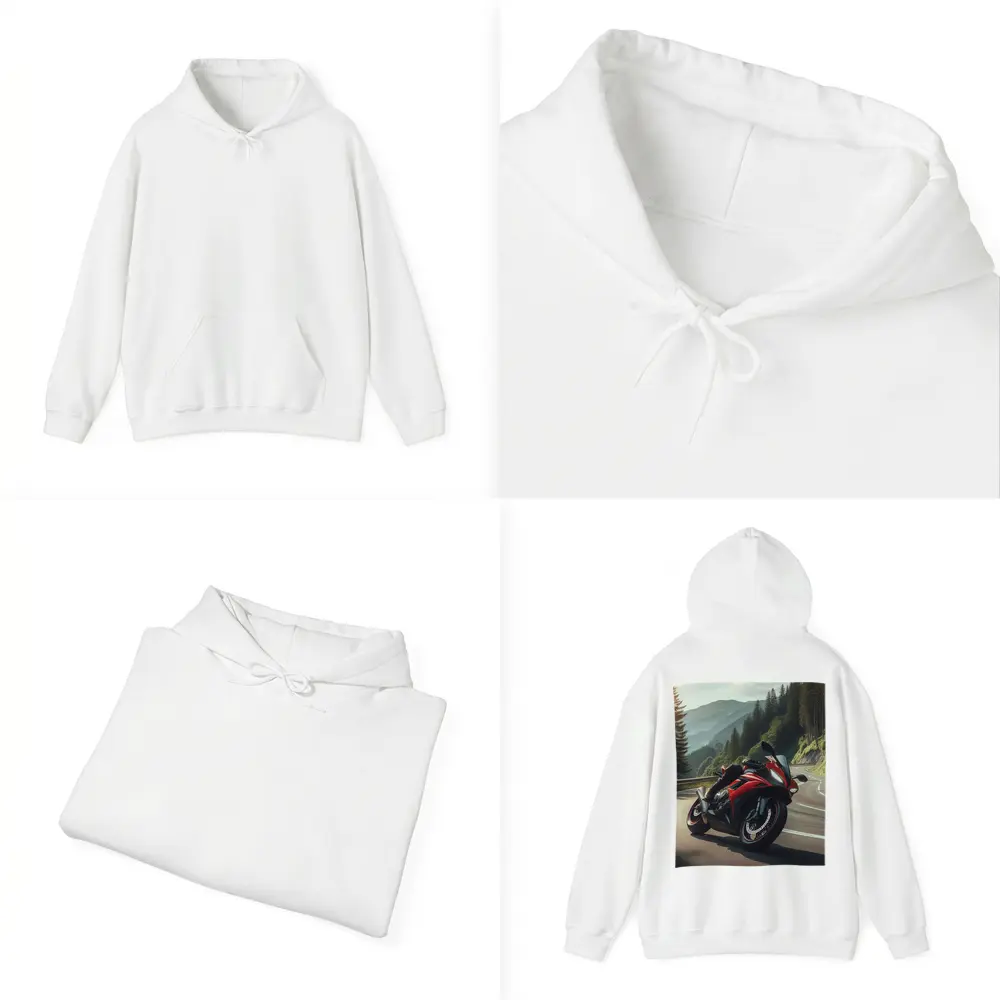 Red Sport Bike on Mountain Road – Hoodies