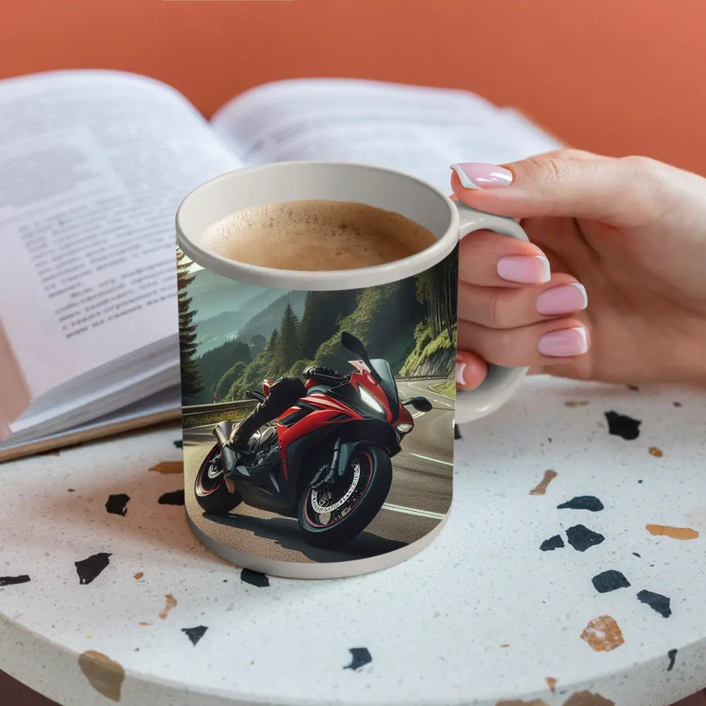 Red Sport Bike on Mountain Road – Mugs