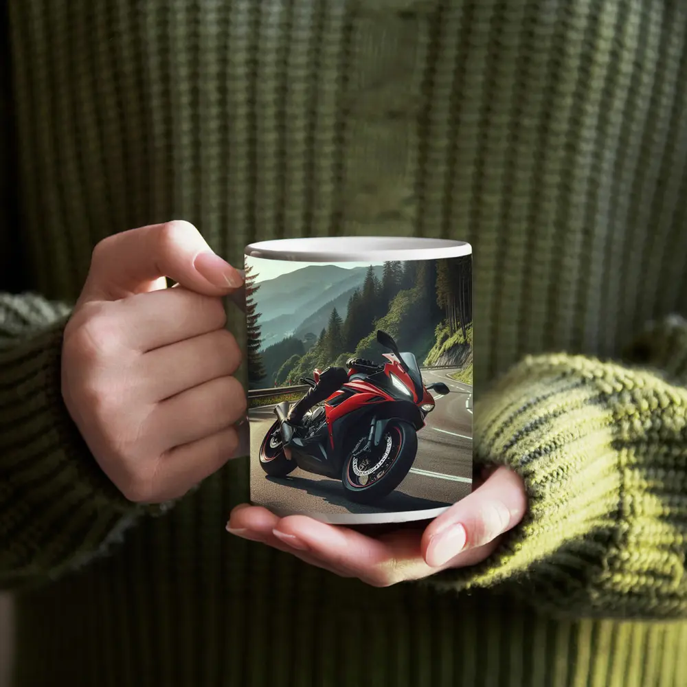 Red Sport Bike on Mountain Road – Mugs