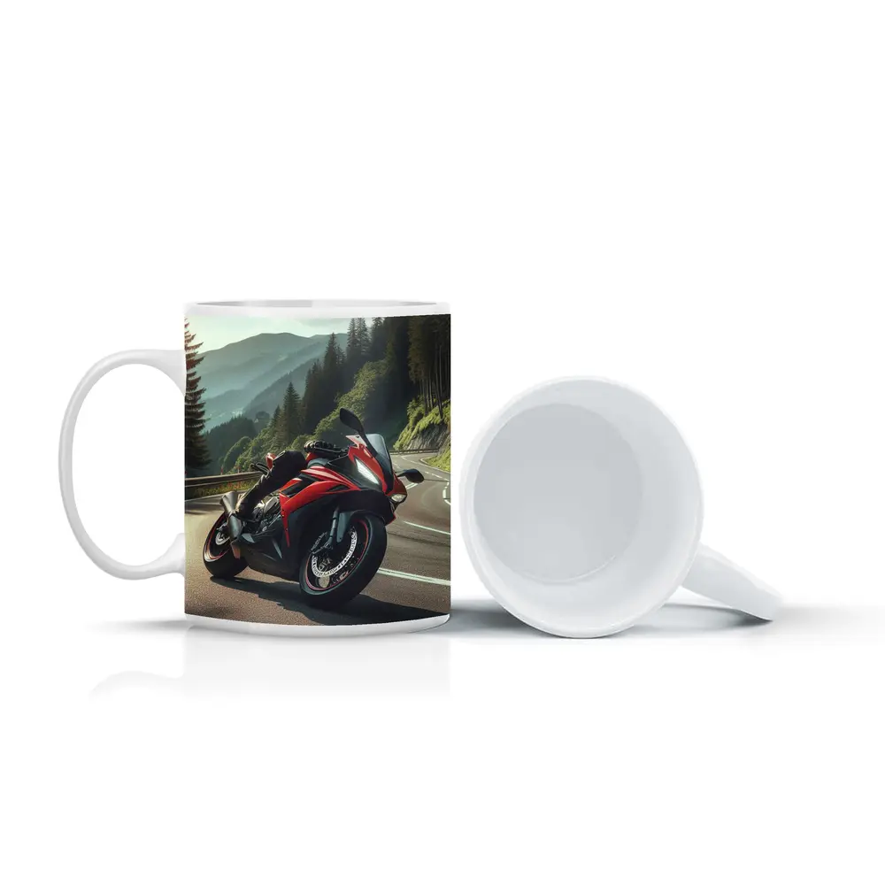 Red Sport Bike on Mountain Road – Mugs