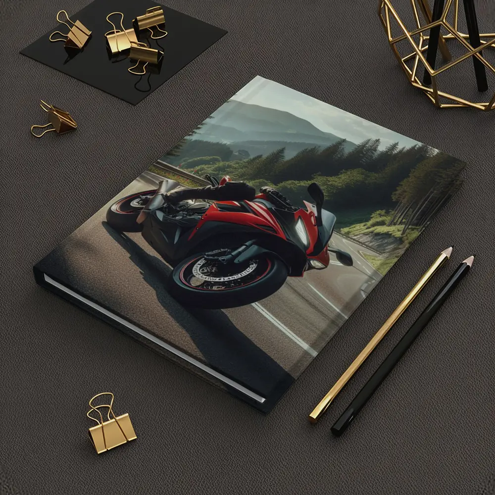 Red Sport Bike on Mountain Road – Notebooks