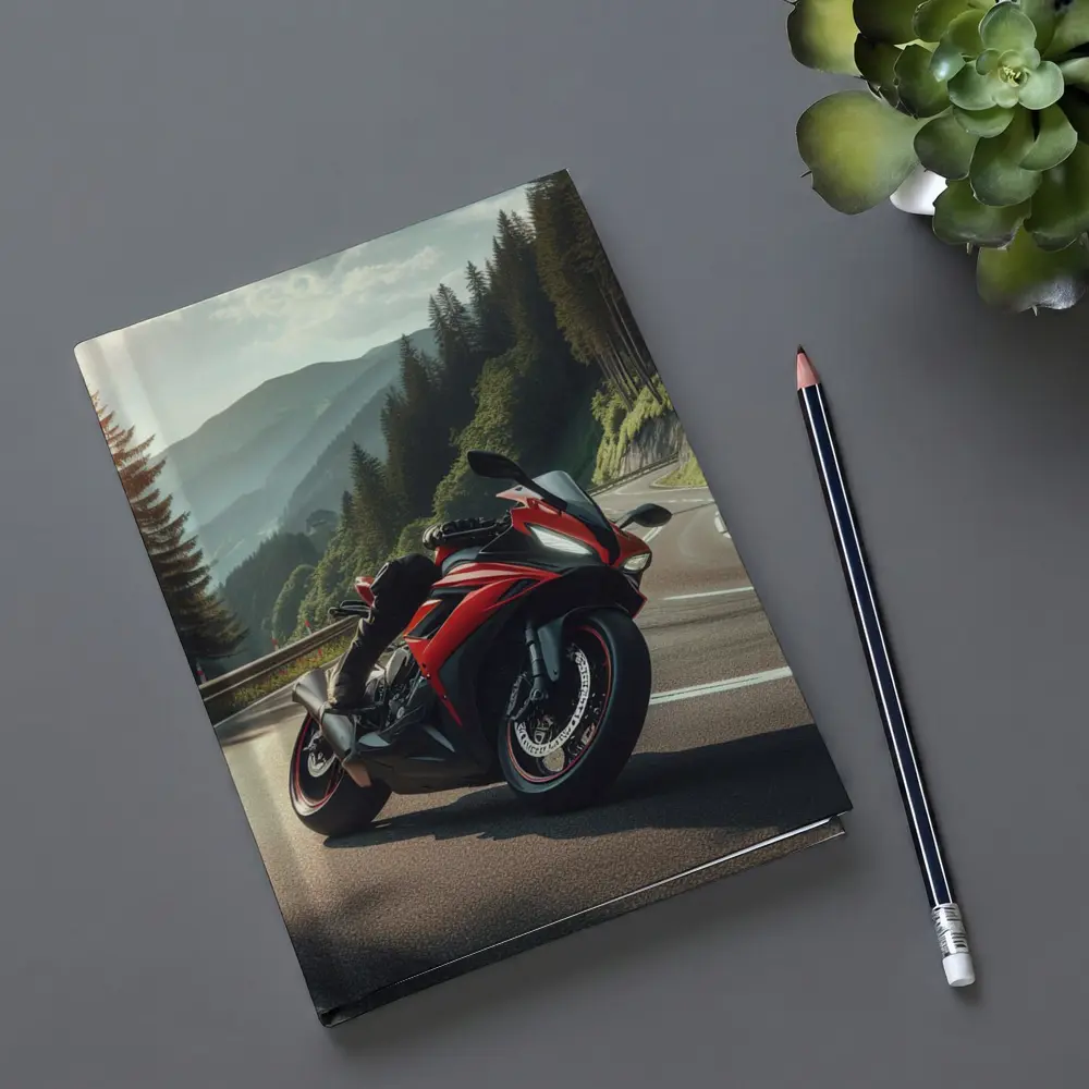 Red Sport Bike on Mountain Road – Notebooks