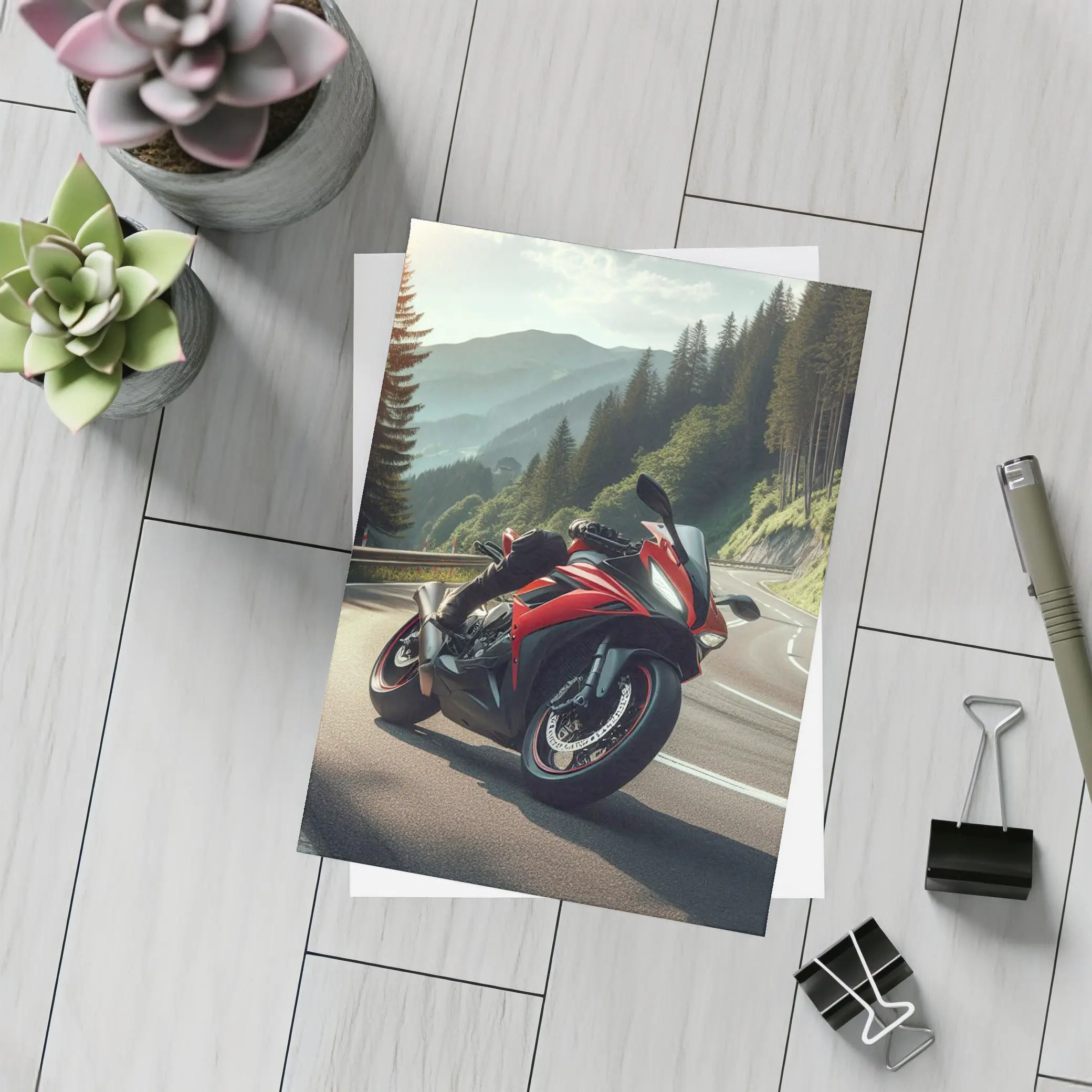 Red Sport Bike on Mountain Road – Postcards