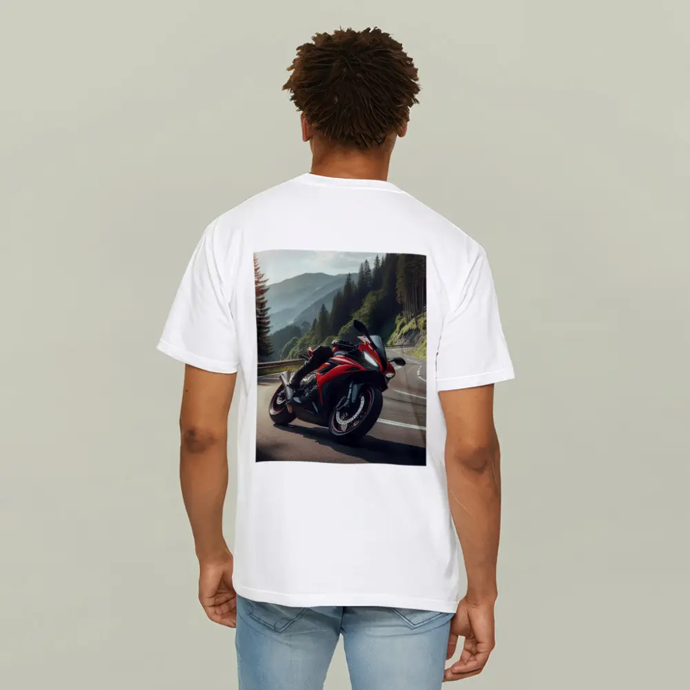 Red Sport Bike on Mountain Road – T-Shirts