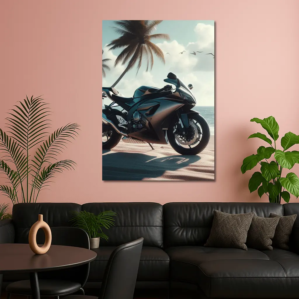 Sport Bike Superbike Parked on Tropical Beach – Wall Art