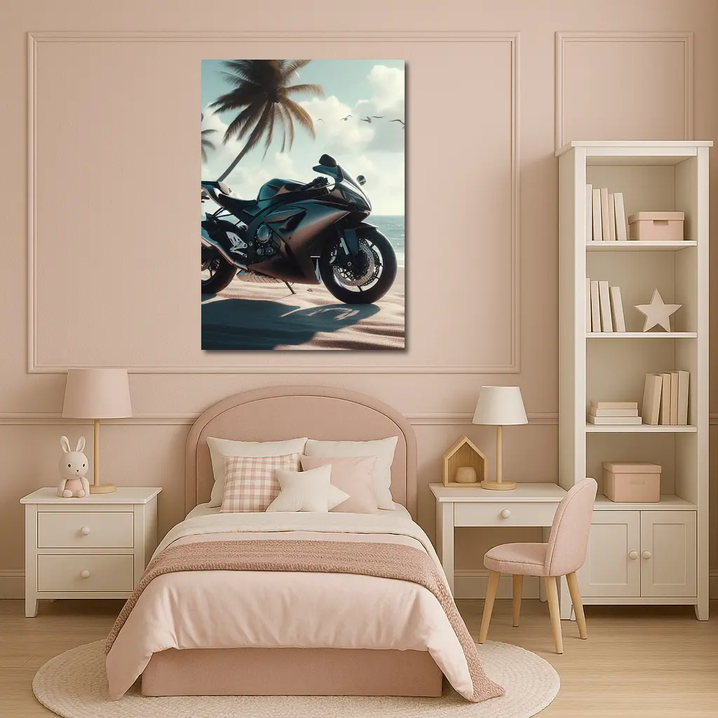 Sport Bike Superbike Parked on Tropical Beach – Wall Art