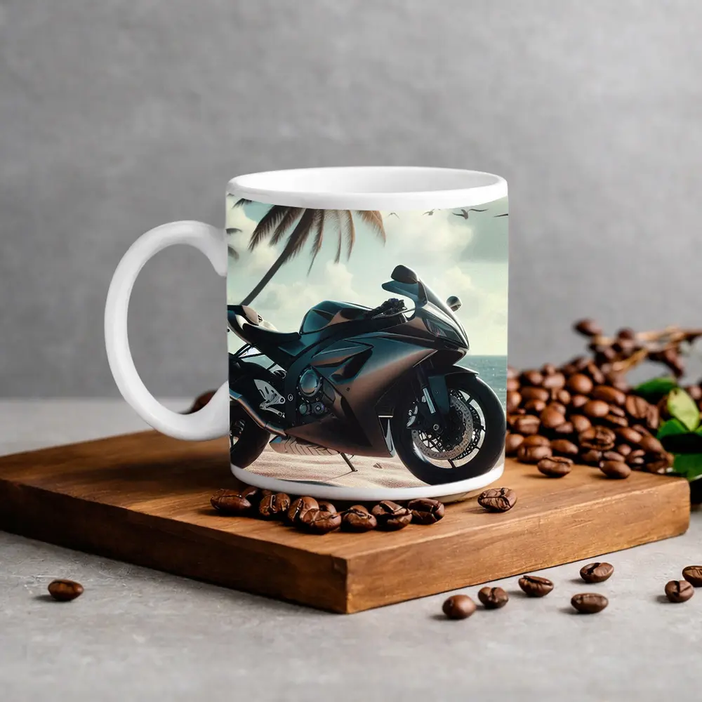 Sport Bike Superbike Parked on Tropical Beach – Mugs