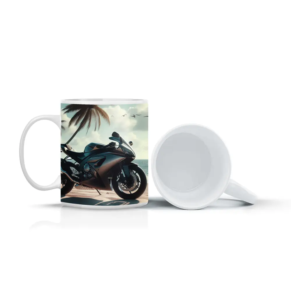 Sport Bike Superbike Parked on Tropical Beach – Mugs