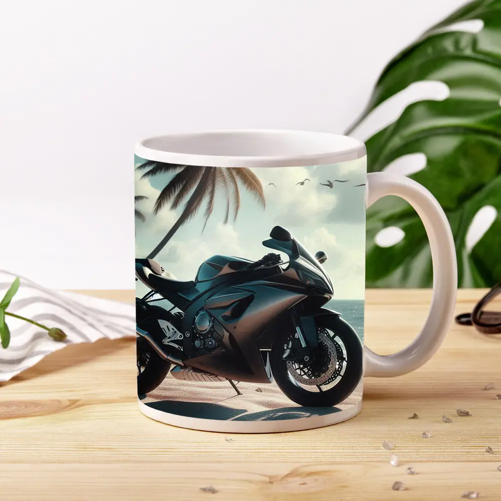 Sport Bike Superbike Parked on Tropical Beach – Mugs