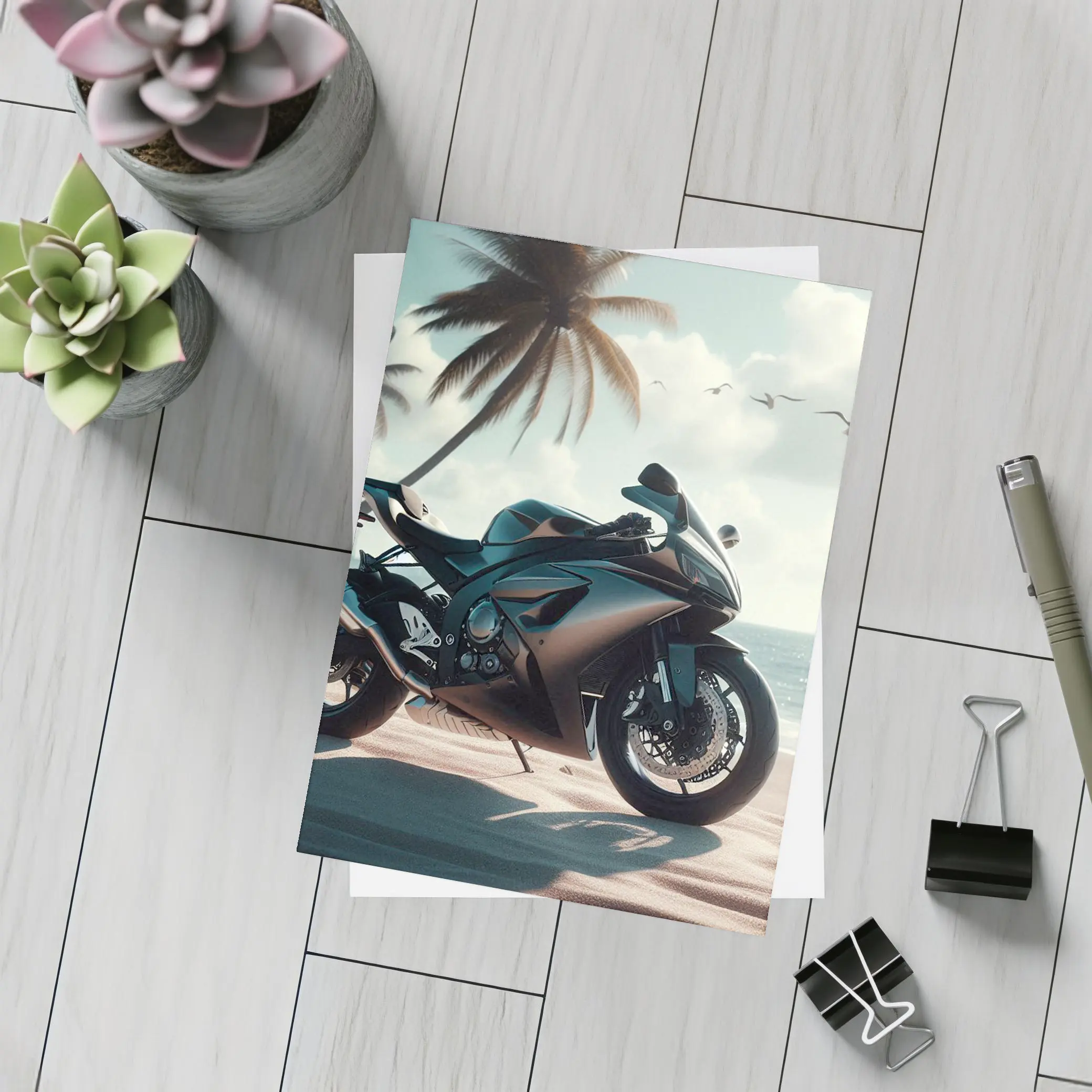 Sport Bike Superbike Parked on Tropical Beach – Postcards