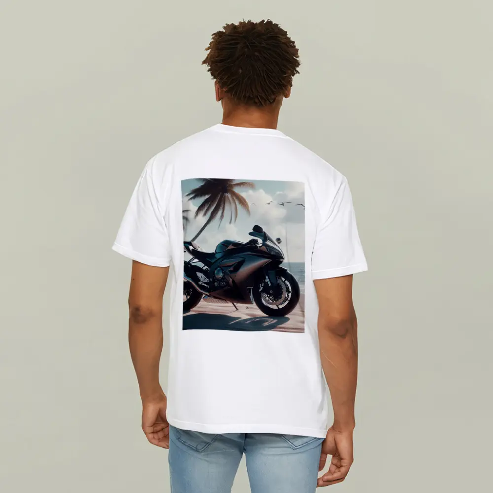 Sport Bike Superbike Parked on Tropical Beach – T-Shirts