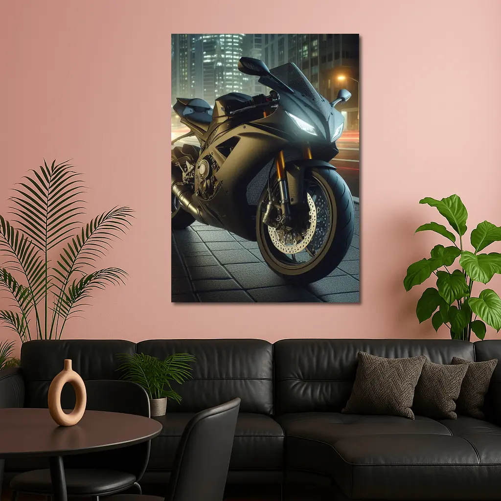 Black Sport Bike City Night Street – Wall Art