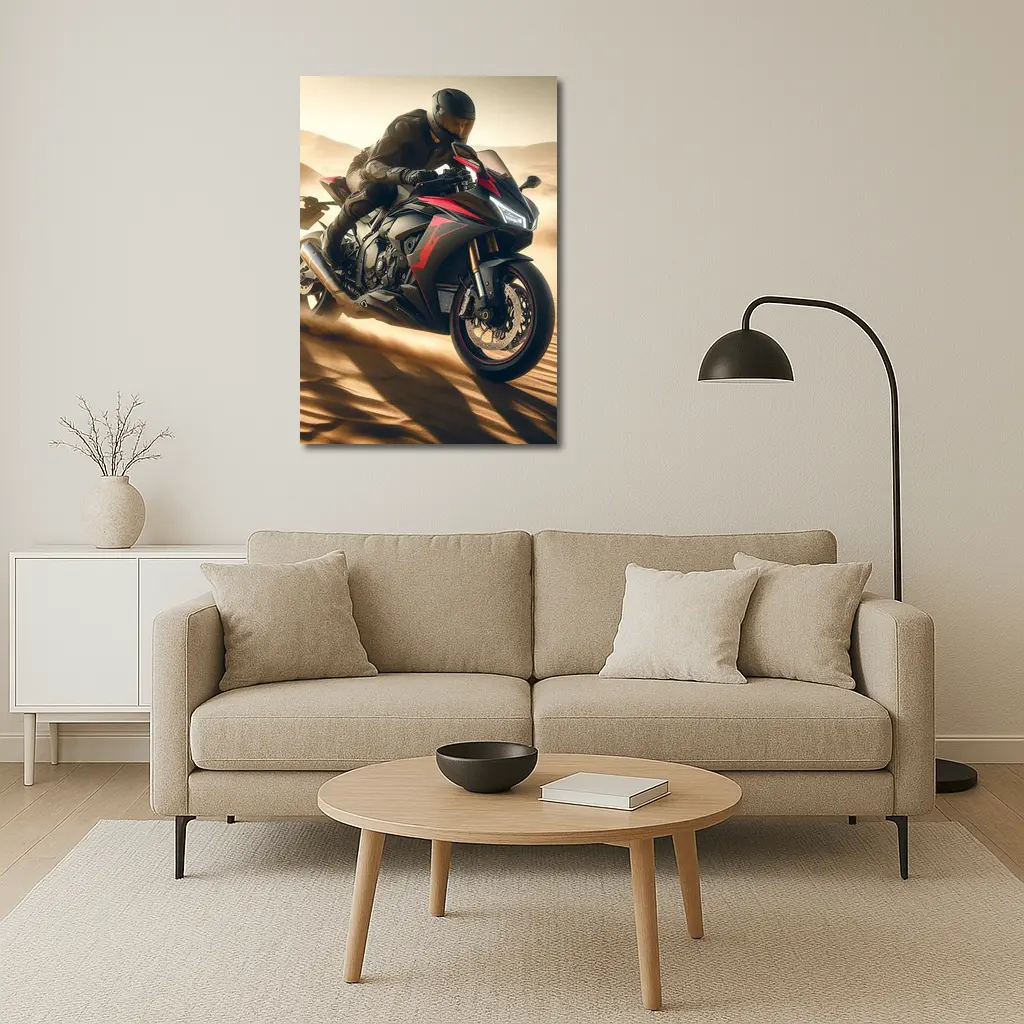 Sport Bike Rider Racing Through Desert Dunes – Wall Art