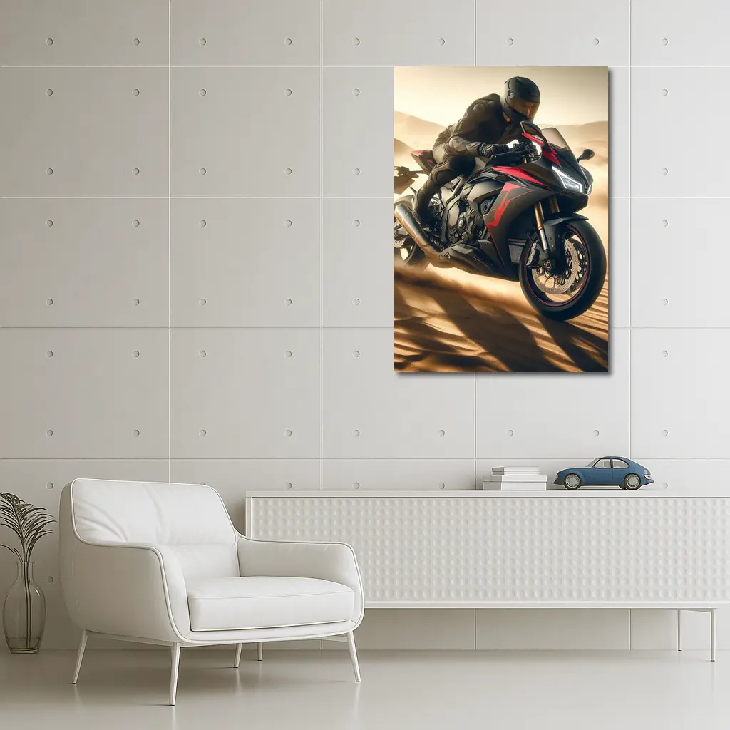 Sport Bike Rider Racing Through Desert Dunes – Wall Art
