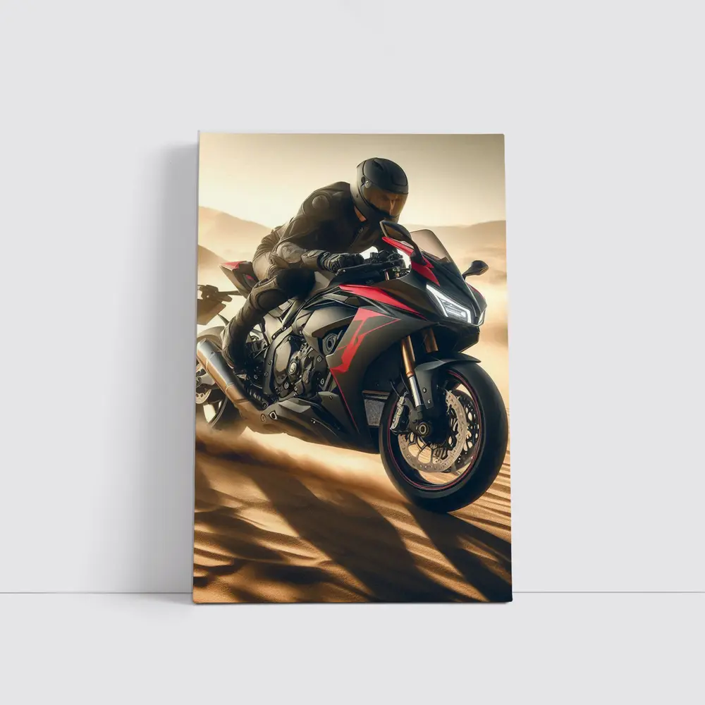 Sport Bike Rider Racing Through Desert Dunes – Wall Art