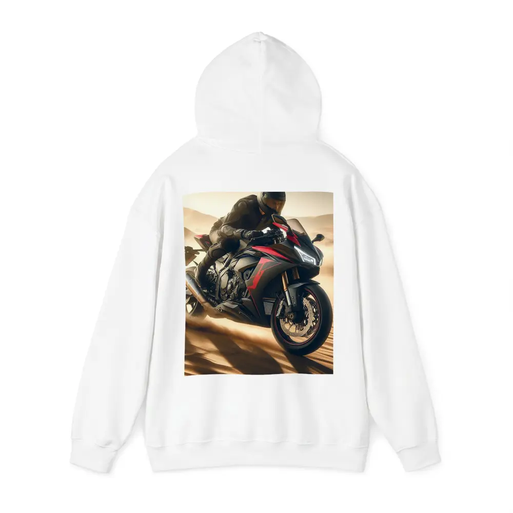 Sport Bike Rider Racing Through Desert Dunes – Hoodies
