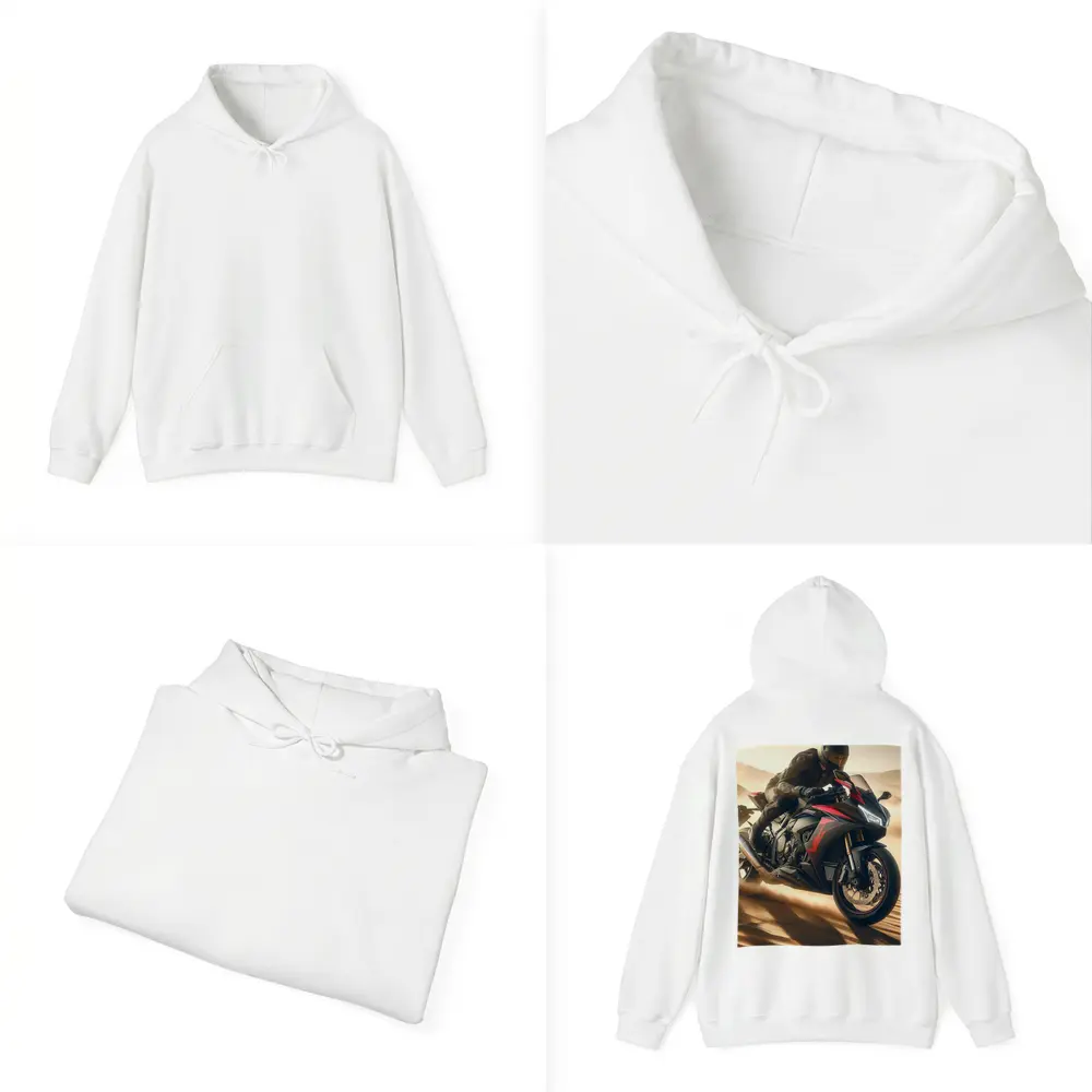 Sport Bike Rider Racing Through Desert Dunes – Hoodies