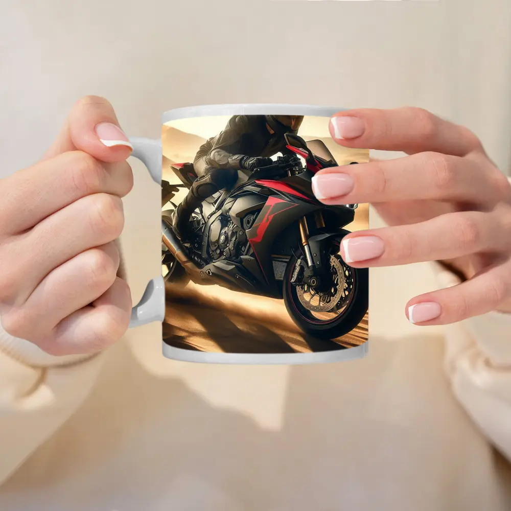 Sport Bike Rider Racing Through Desert Dunes – Mugs