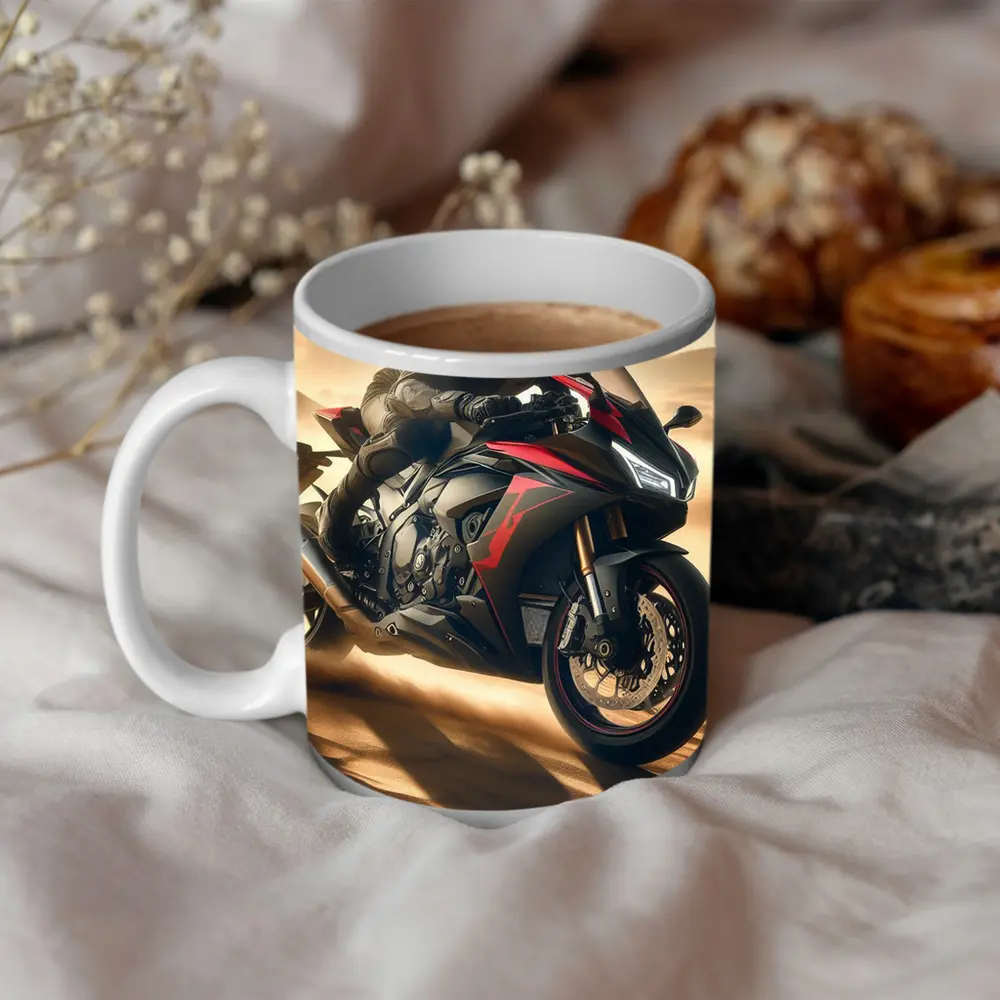 Sport Bike Rider Racing Through Desert Dunes – Mugs