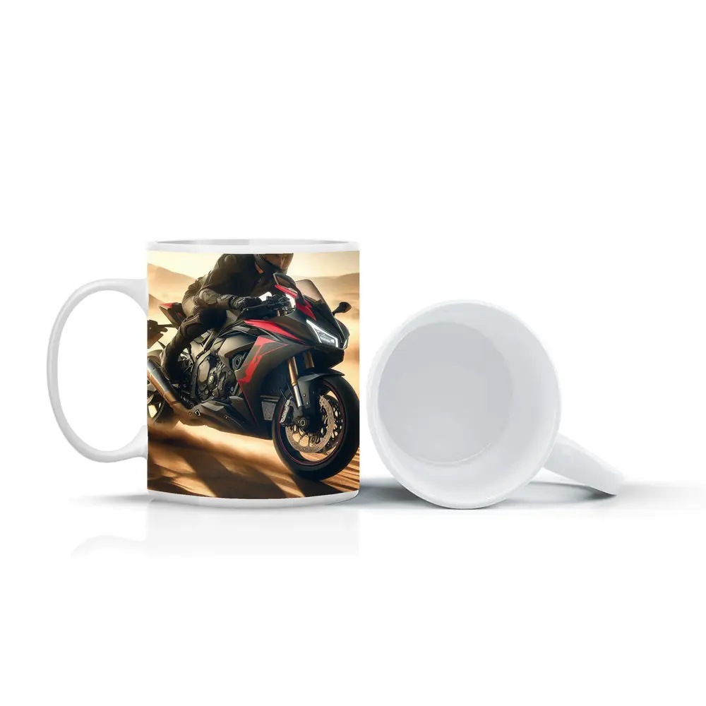 Sport Bike Rider Racing Through Desert Dunes – Mugs