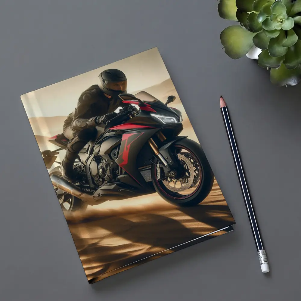 Sport Bike Rider Racing Through Desert Dunes – Notebooks
