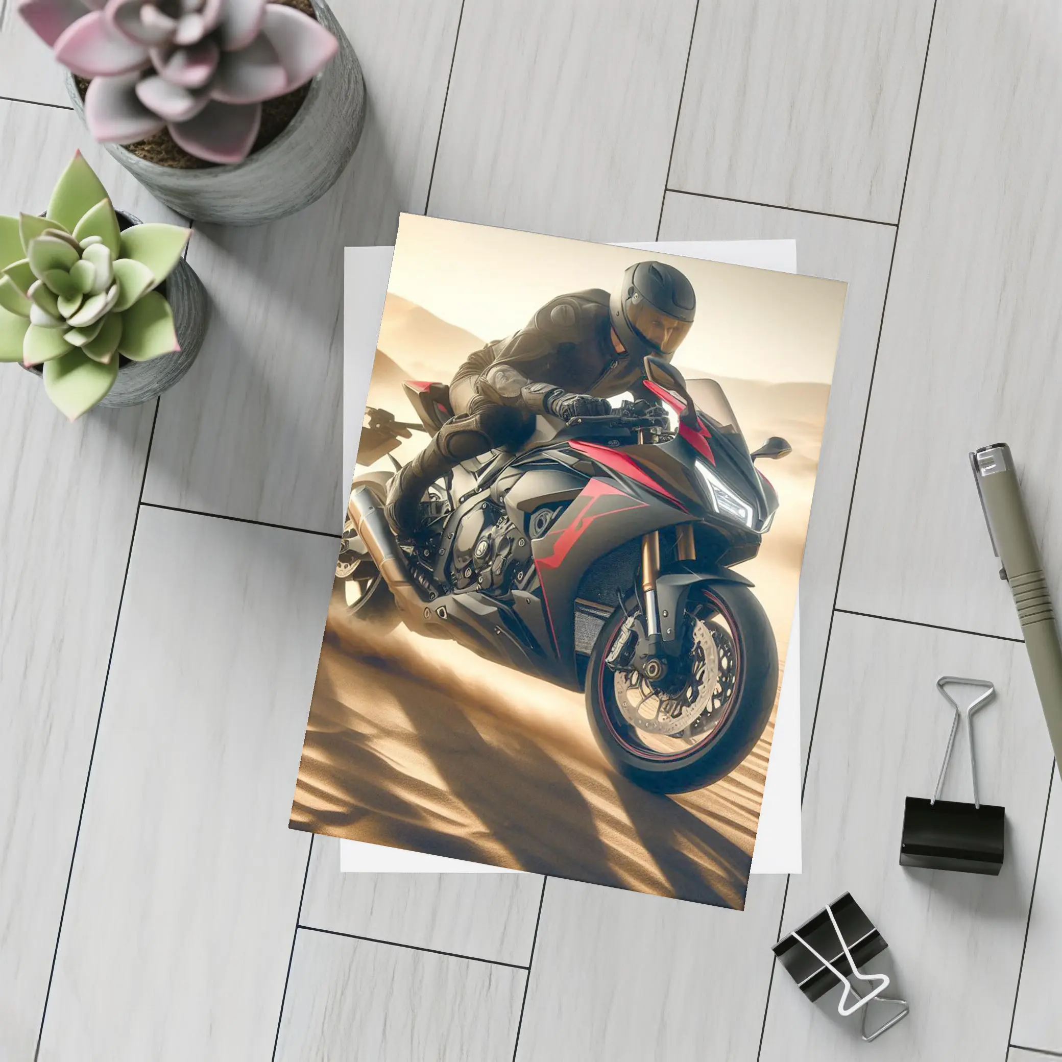 Sport Bike Rider Racing Through Desert Dunes – Postcards