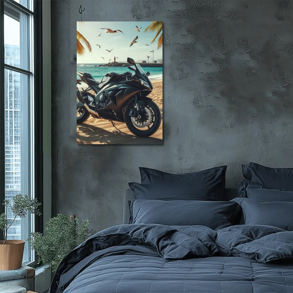 Black Sport Bike Parked on Sunny Beach – Wall Art