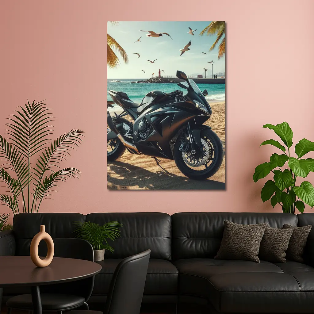 Black Sport Bike Parked on Sunny Beach – Wall Art