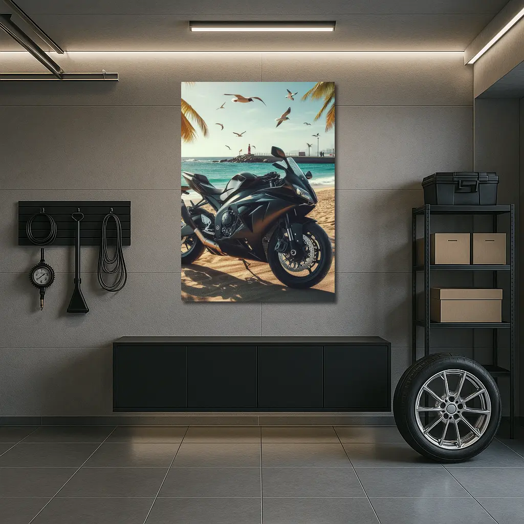 Black Sport Bike Parked on Sunny Beach – Wall Art