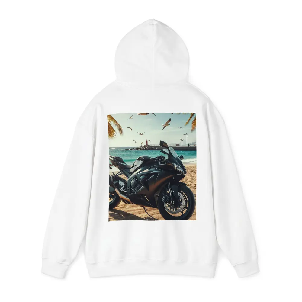 Black Sport Bike Parked on Sunny Beach – Hoodies
