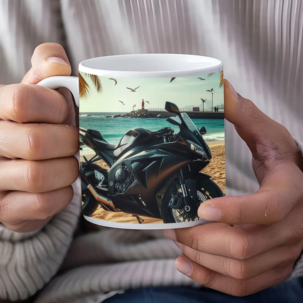 Black Sport Bike Parked on Sunny Beach – Mugs