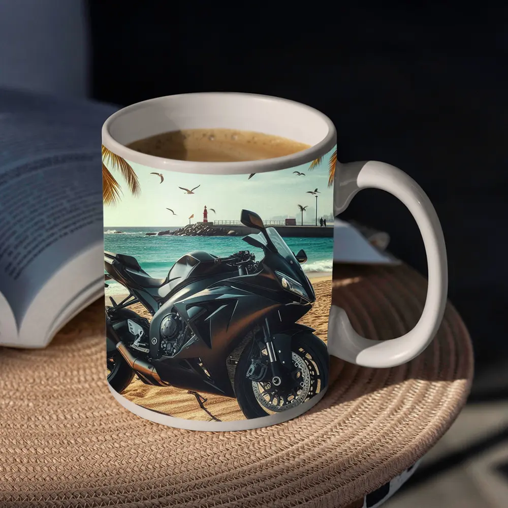 Black Sport Bike Parked on Sunny Beach – Mugs