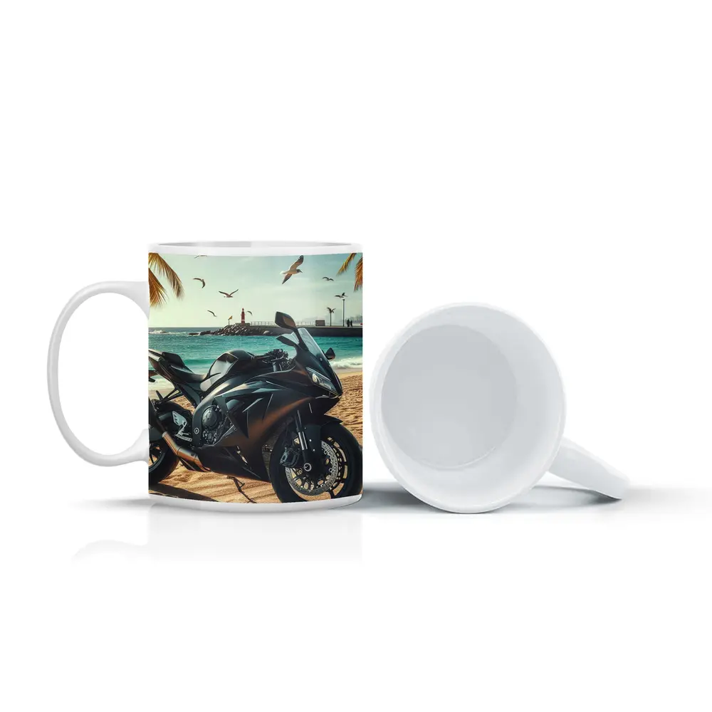Black Sport Bike Parked on Sunny Beach – Mugs