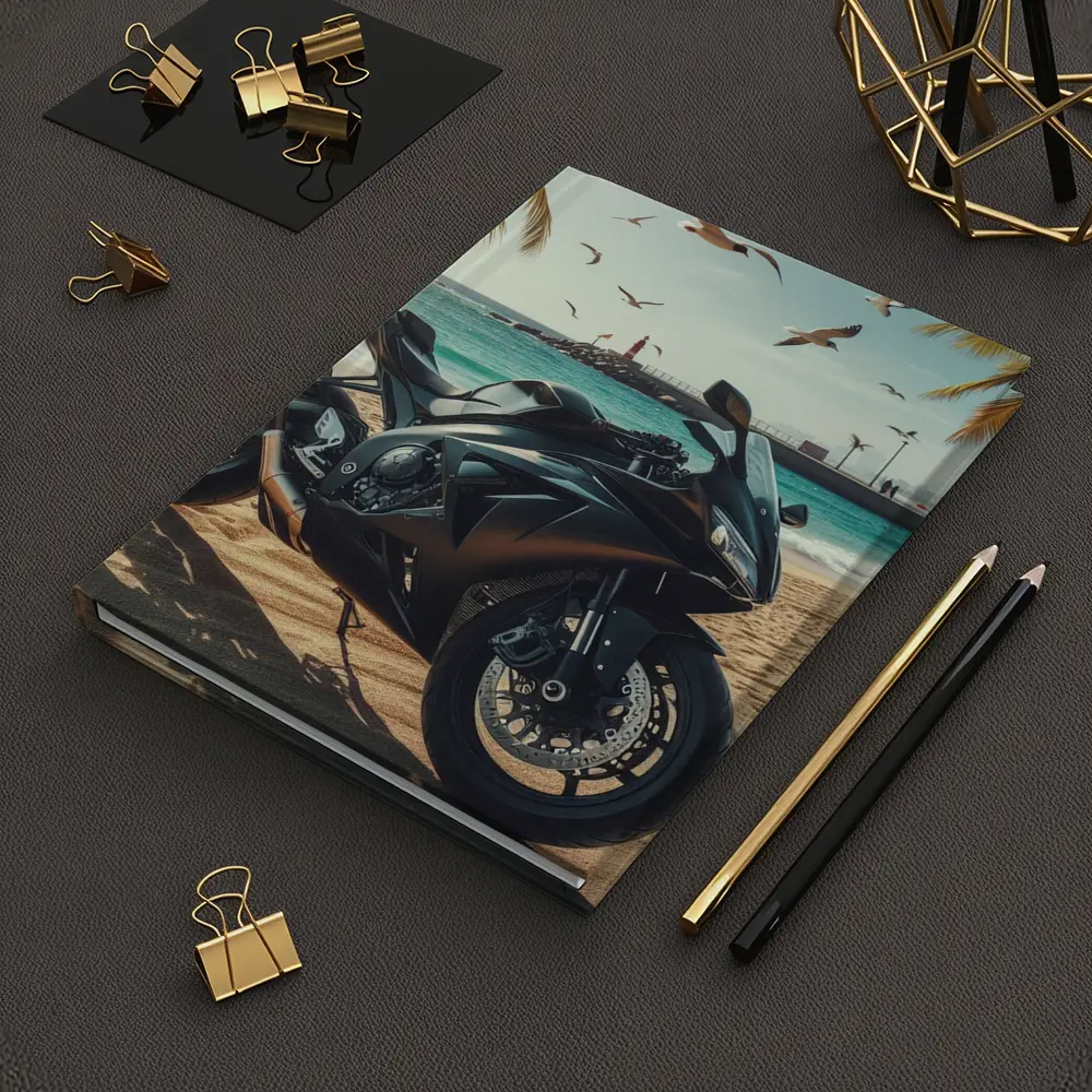 Black Sport Bike Parked on Sunny Beach – Notebooks