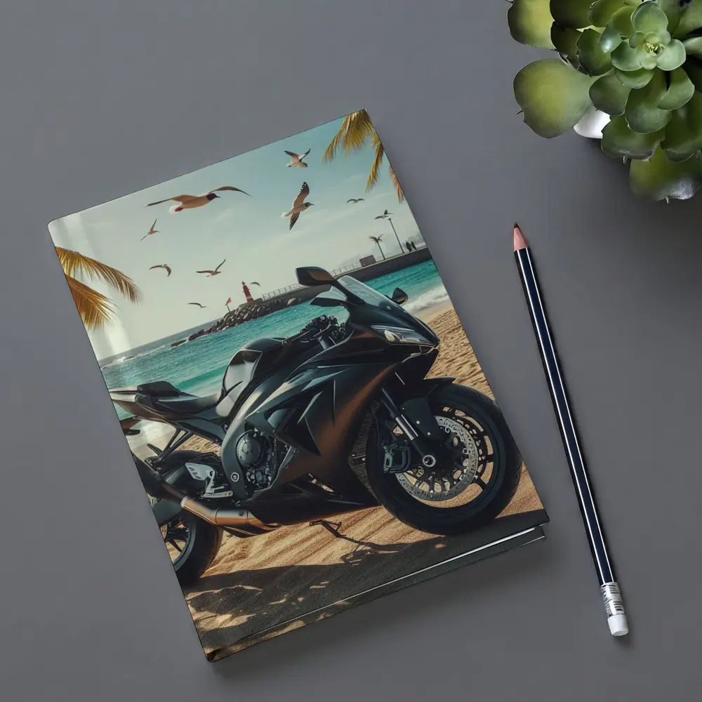 Black Sport Bike Parked on Sunny Beach – Notebooks