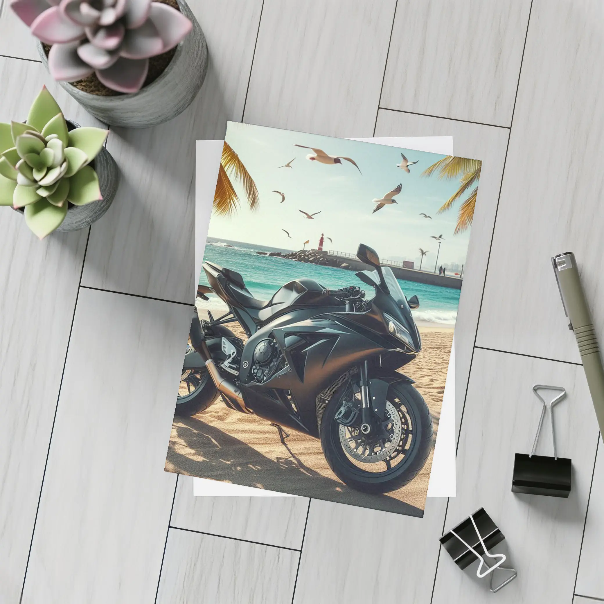 Black Sport Bike Parked on Sunny Beach – Postcards