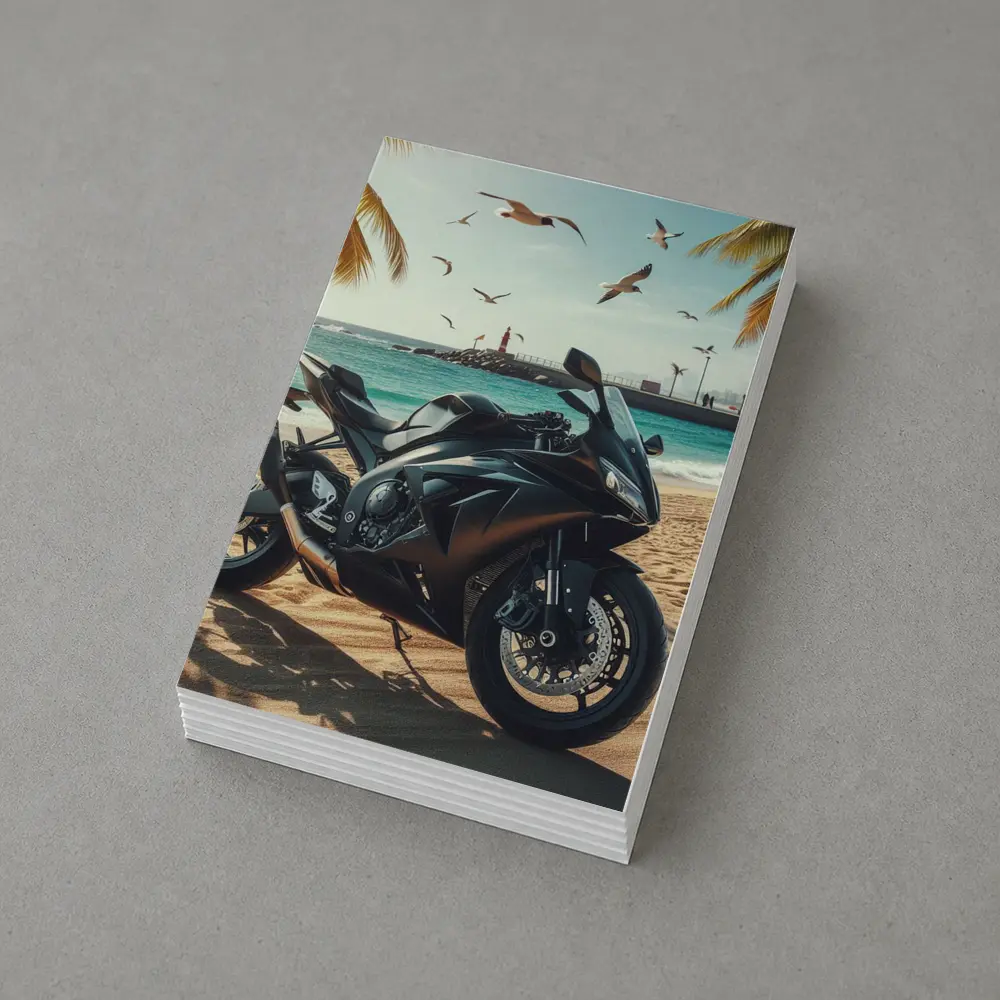 Black Sport Bike Parked on Sunny Beach – Postcards