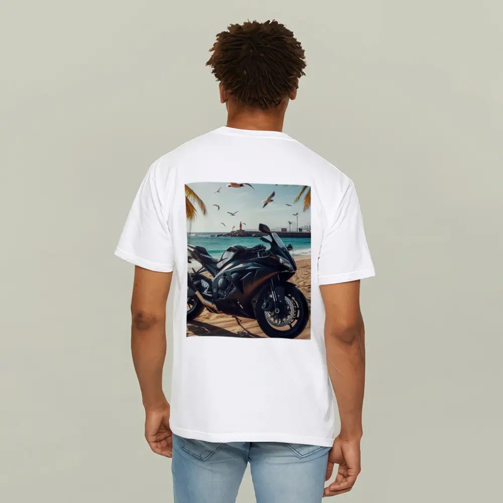 Black Sport Bike Parked on Sunny Beach – T-Shirts