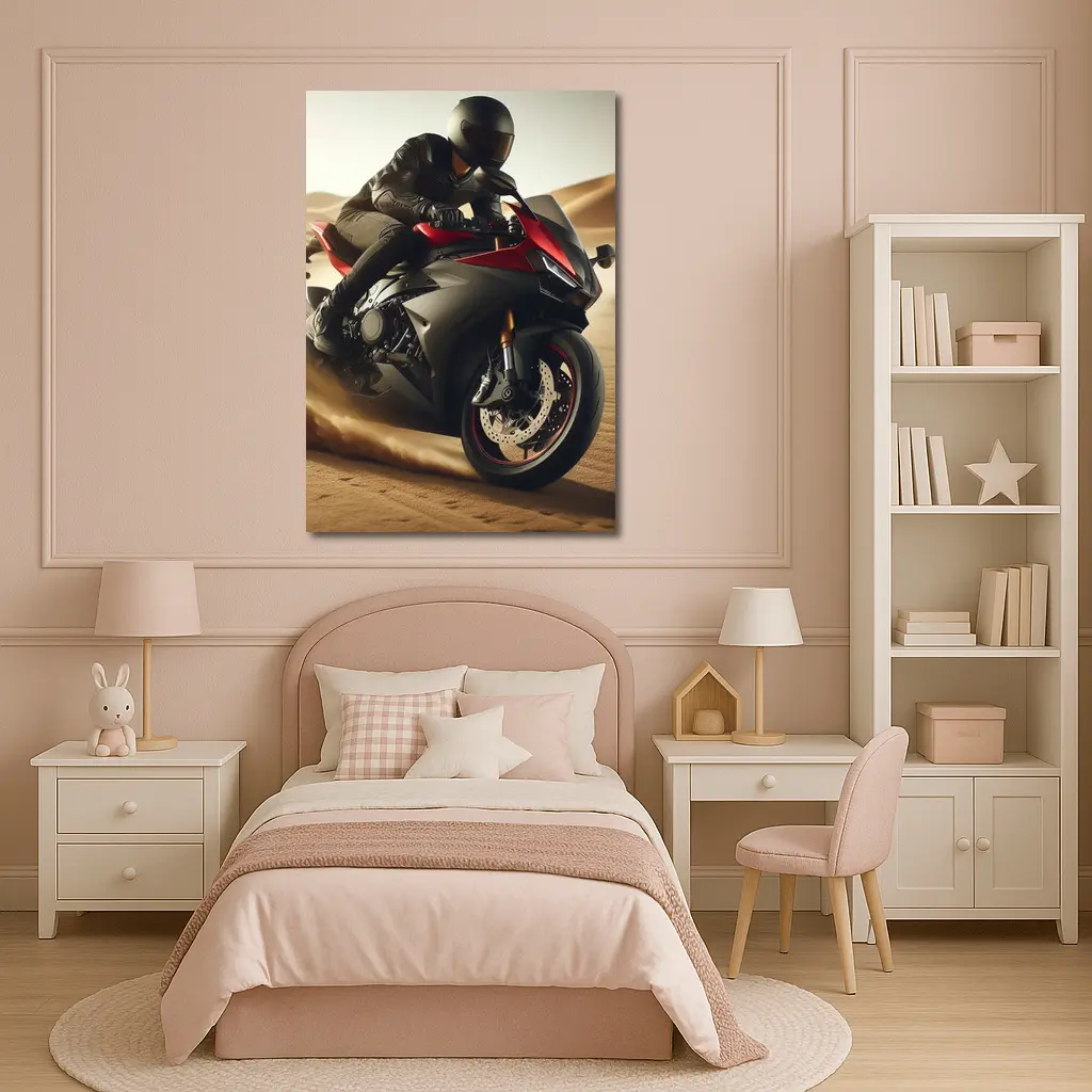 Red Black Sport Bike Rider Desert Dunes – Wall Art