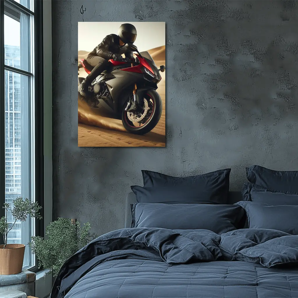 Red Black Sport Bike Rider Desert Dunes – Wall Art