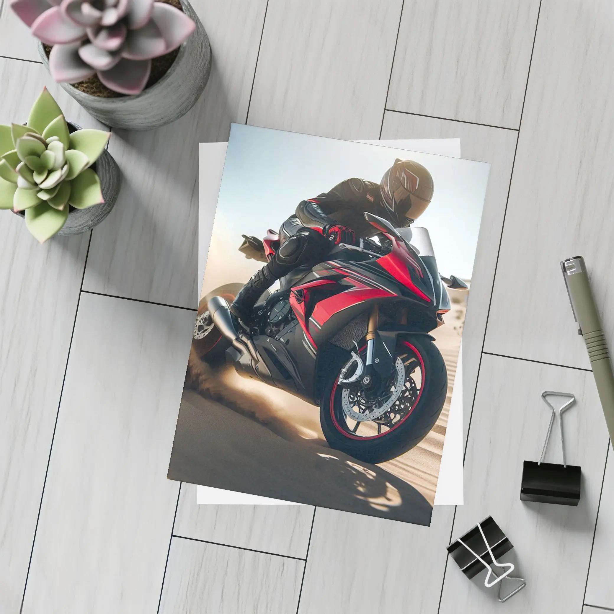 Red Sport Bike Rider Desert Sand Dunes – Postcards