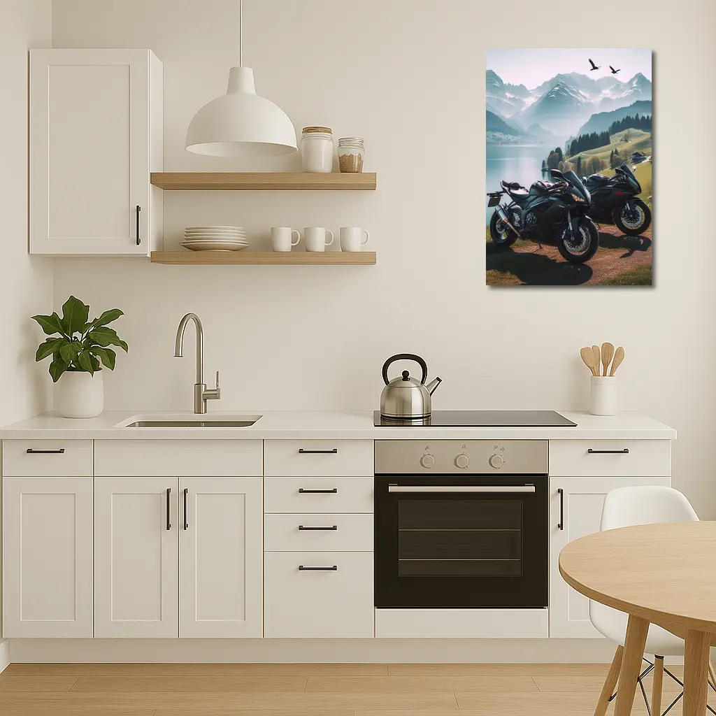 Sport Bikes Parked Alpine Lake Mountain Setting – Wall Art