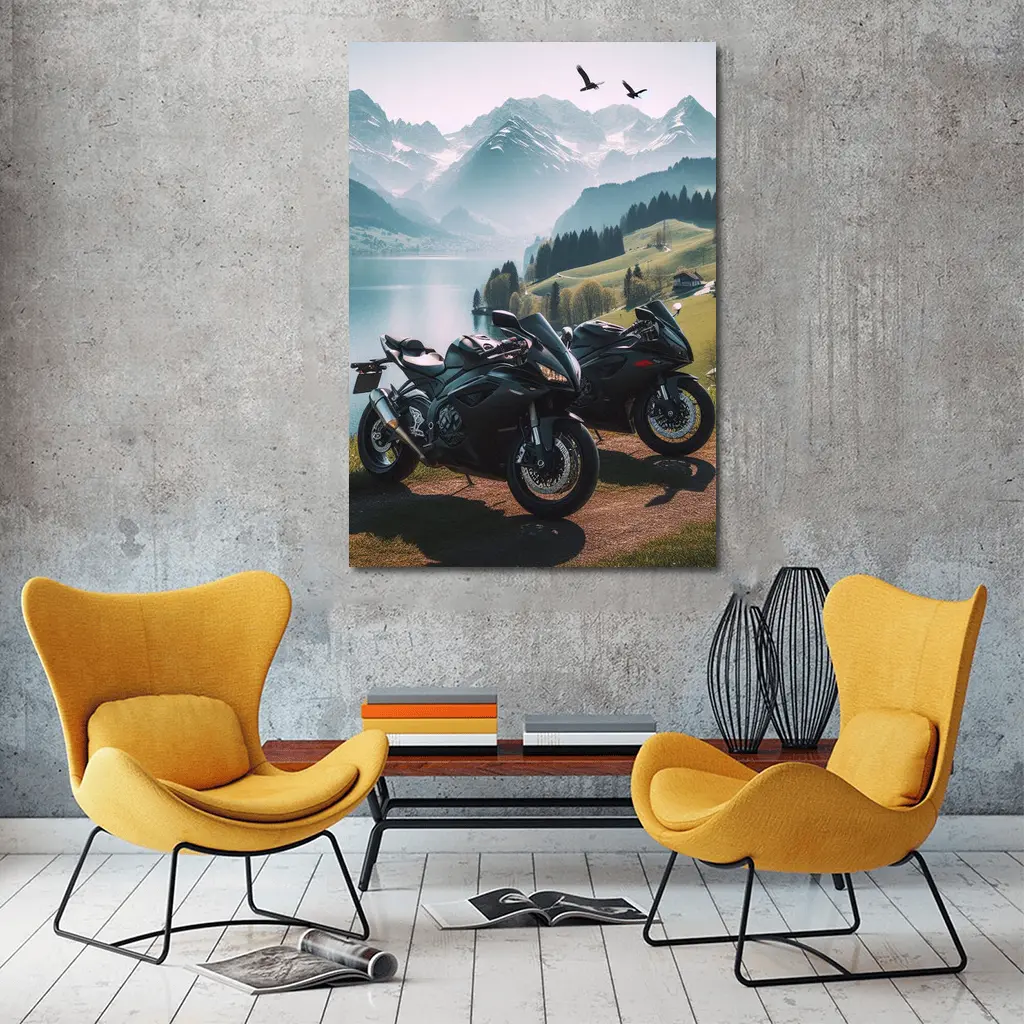 Sport Bikes Parked Alpine Lake Mountain Setting – Wall Art