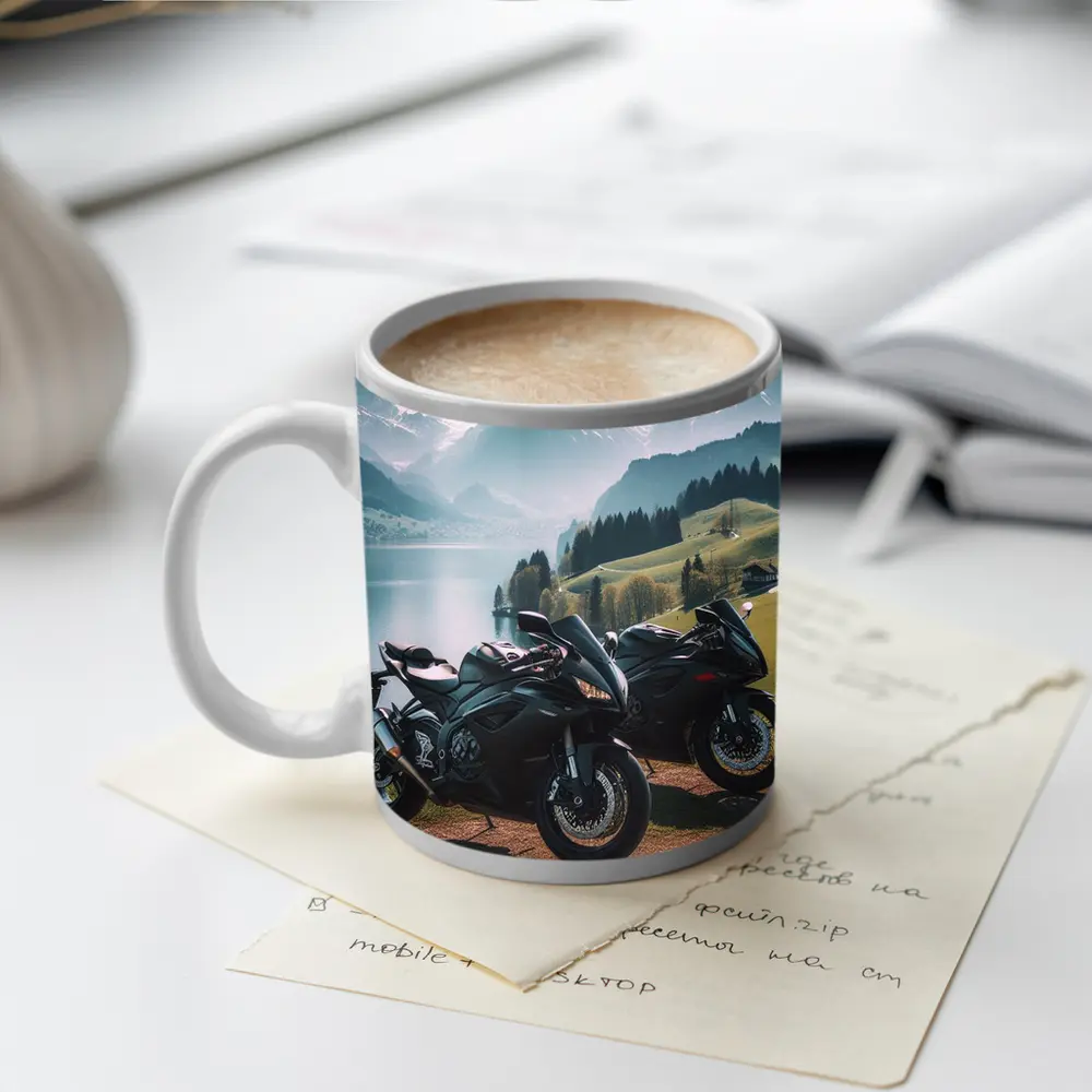 Sport Bikes Parked Alpine Lake Mountain Setting – Mugs